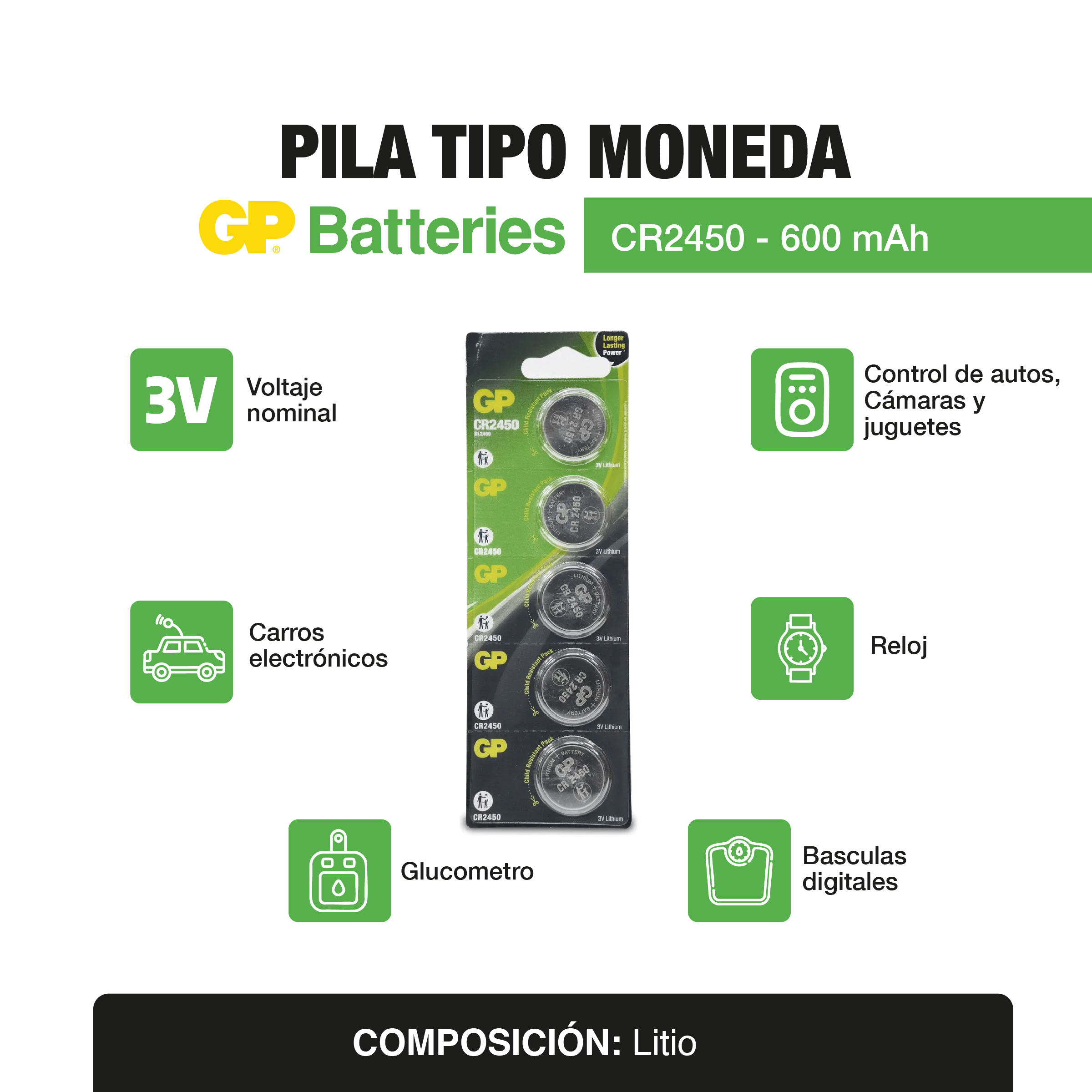Pila Tipo moneda CR2450 x5 und