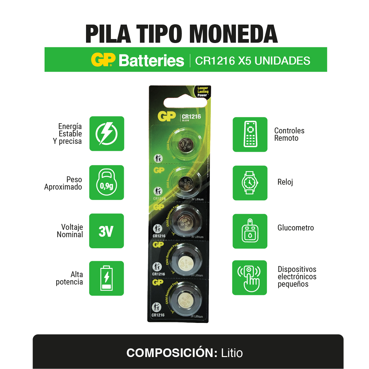 Pila Tipo moneda CR1216 x5 und