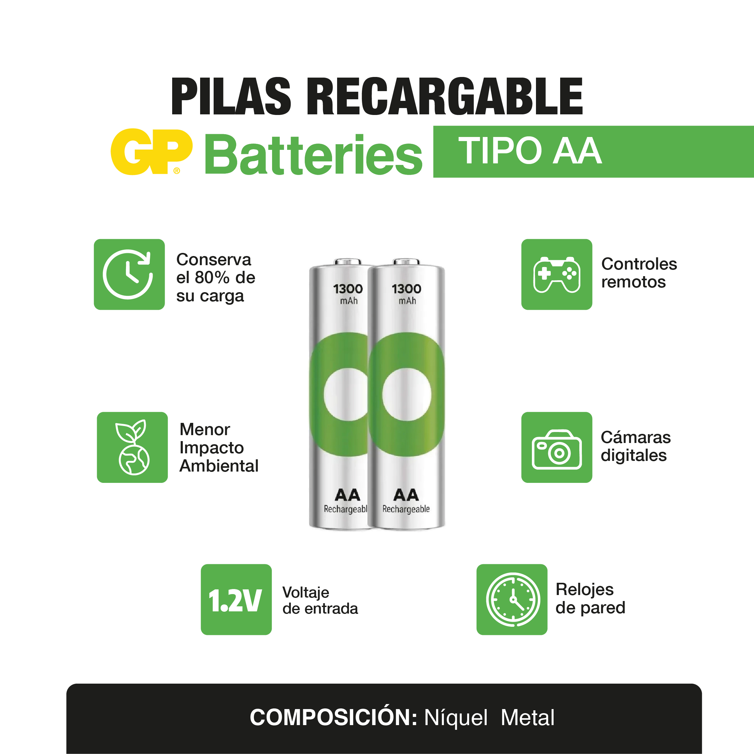 Pila GP Recargable AA 1300 mah x2 und