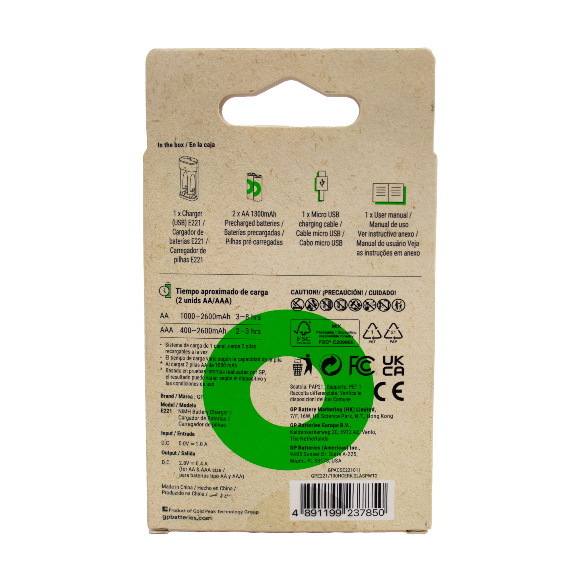 Cargador de pilas con 2 pilas AA 1300 mah