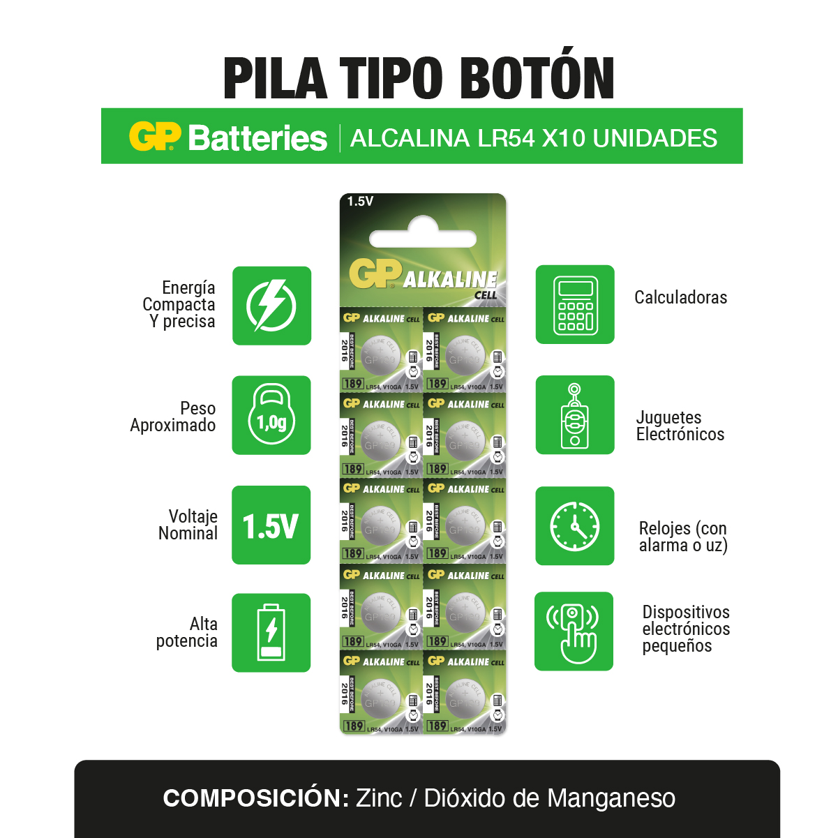 Pila bateria alcalina Tipo Botoón LR54 x10 und
