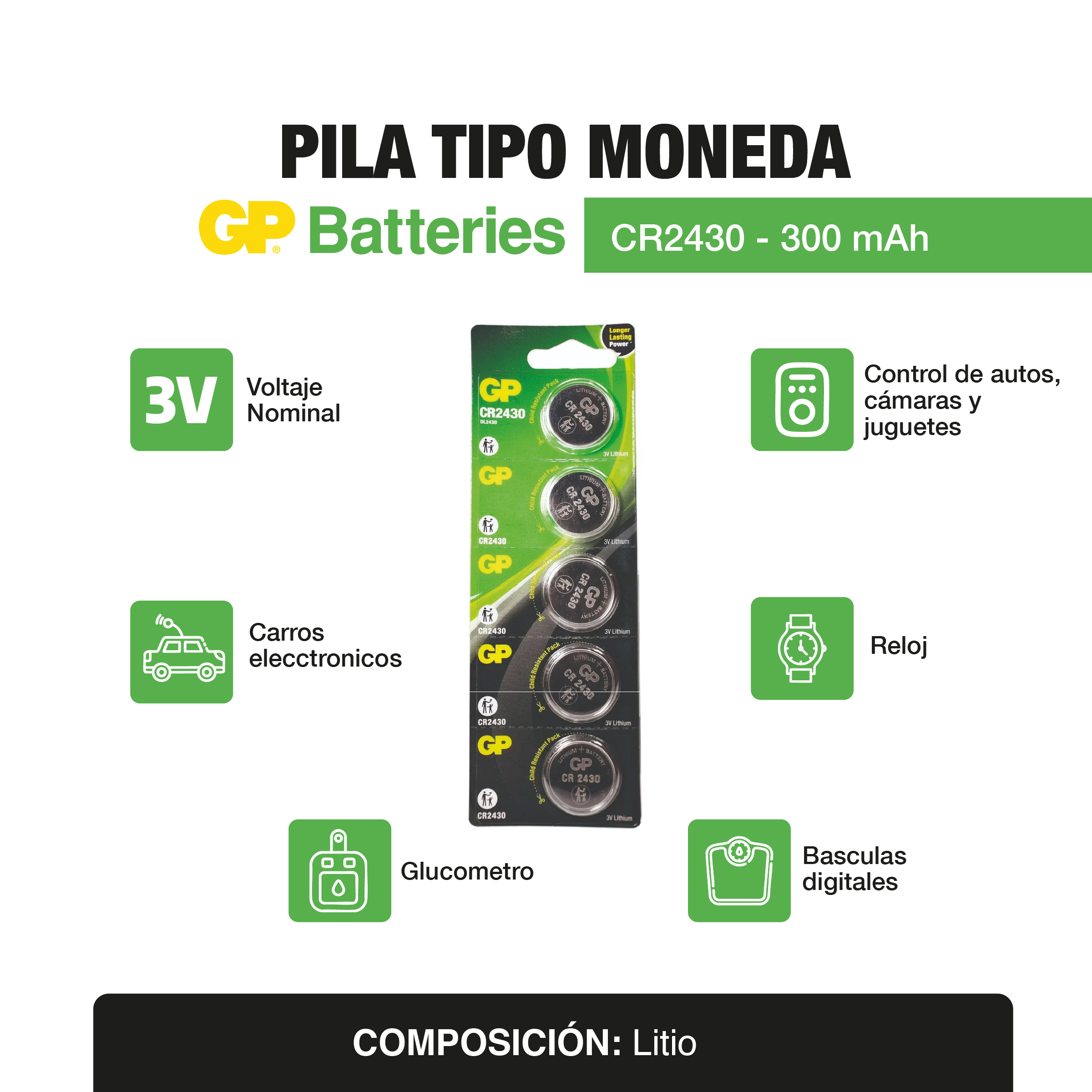 Pila Tipo moneda CR2430 x5 und