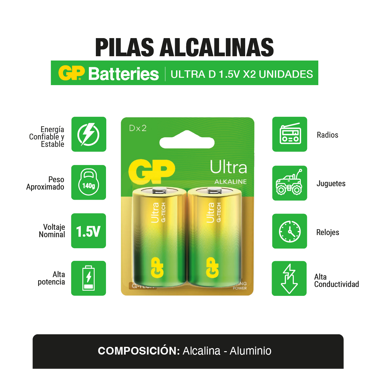 Pila bateria alcalina Tipo D Ultra x 2 und