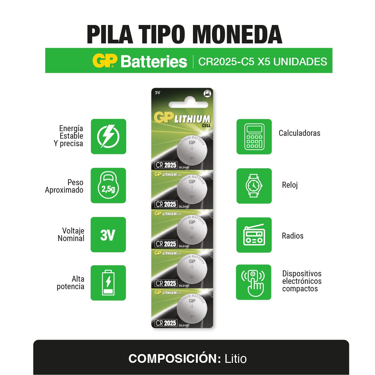 Pila Tipo moneda CR2025 x5 und