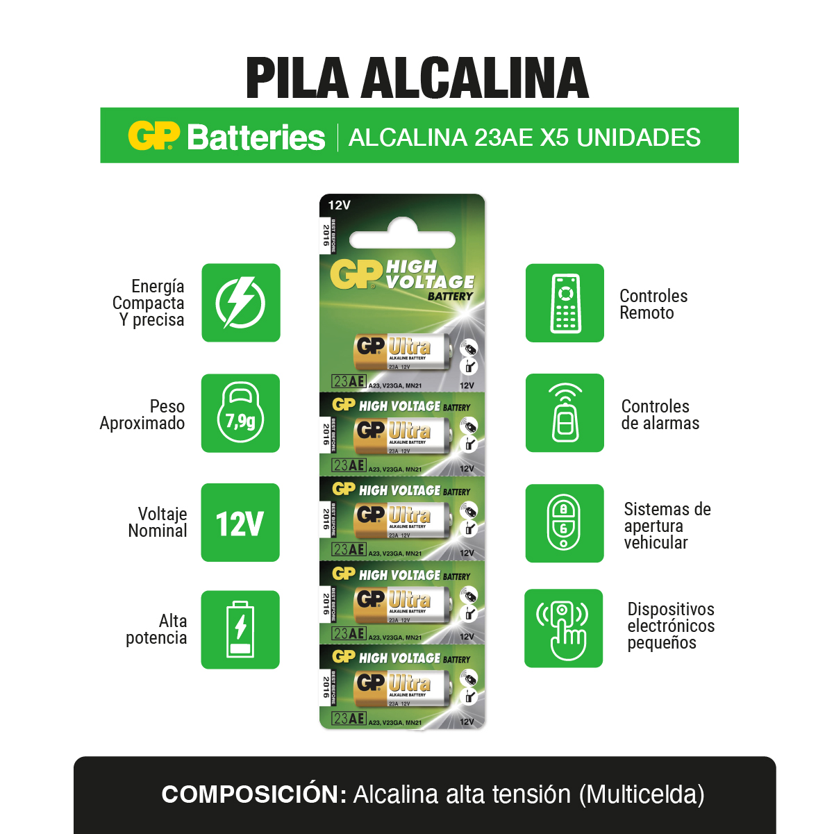 Pila GP Alcalina alarma 23AE x5 und