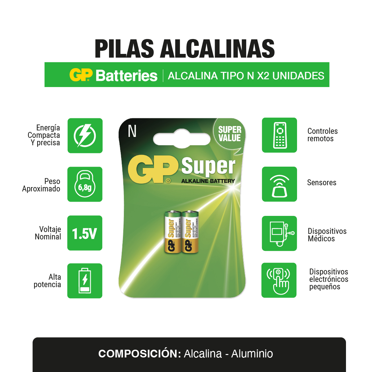 Pila bateria alcalina Tipo N x2 und