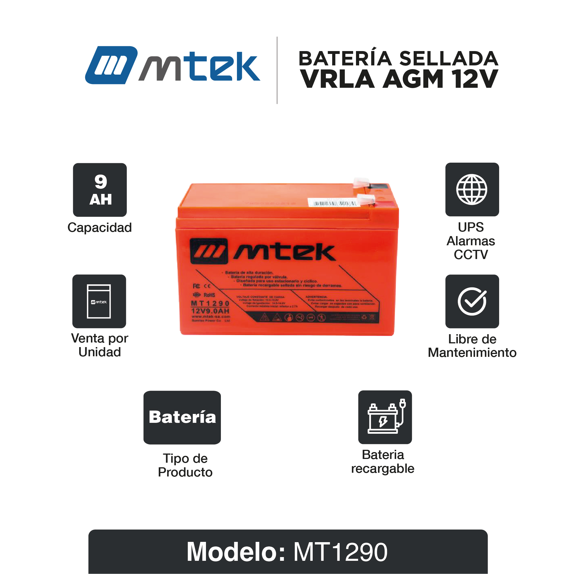 Bateria Sellada vrla agm Mtek 12v 9a