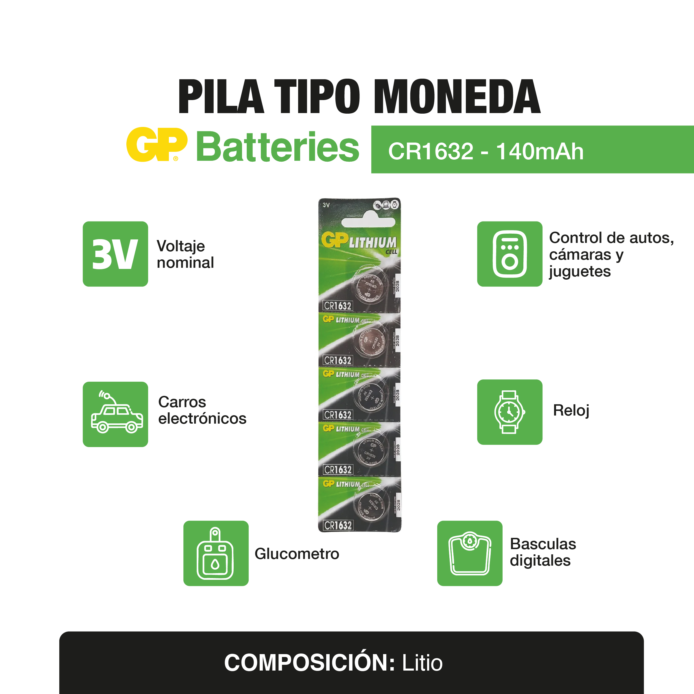 Pila Tipo moneda CR1632 x5 und