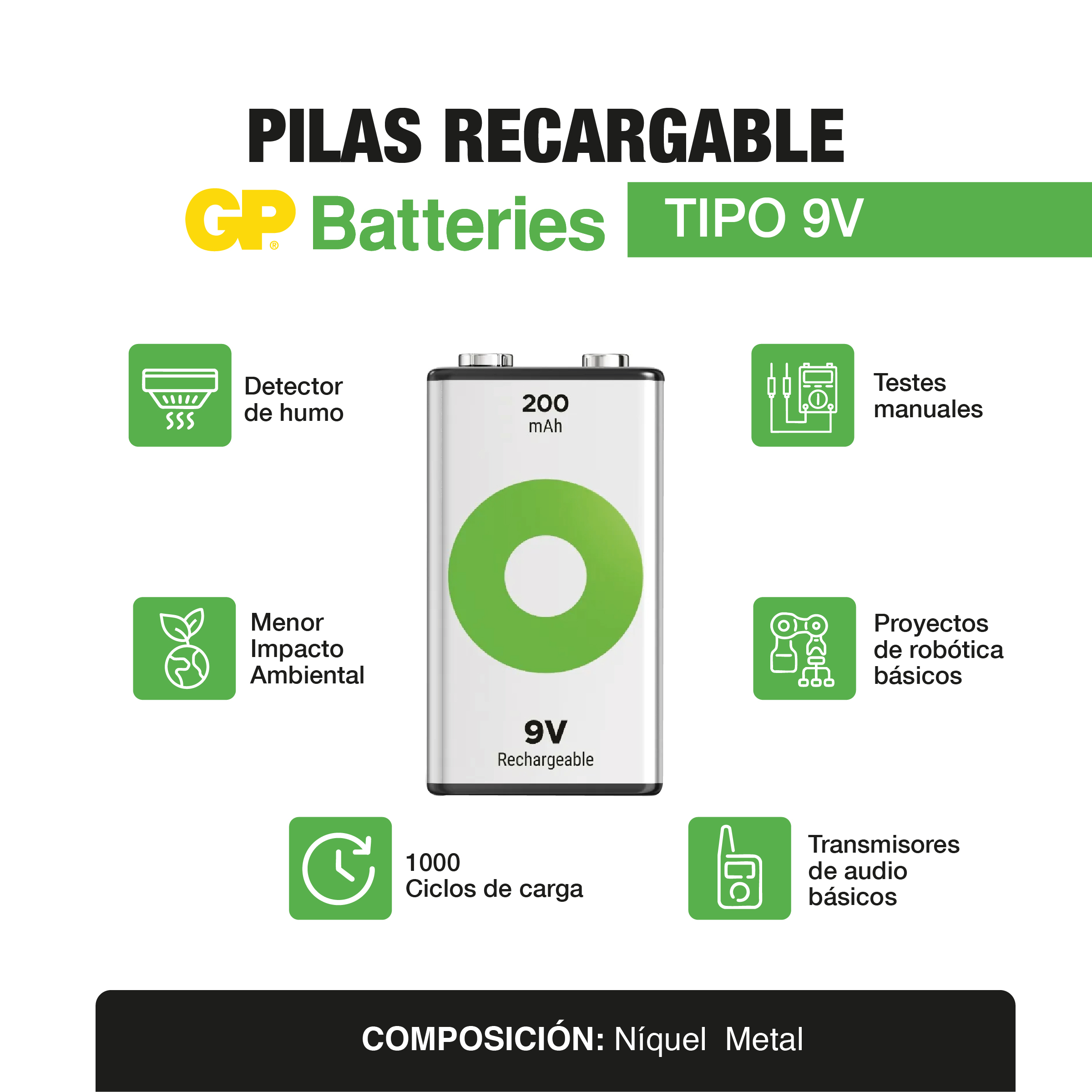 Pila bateria recargable 9V