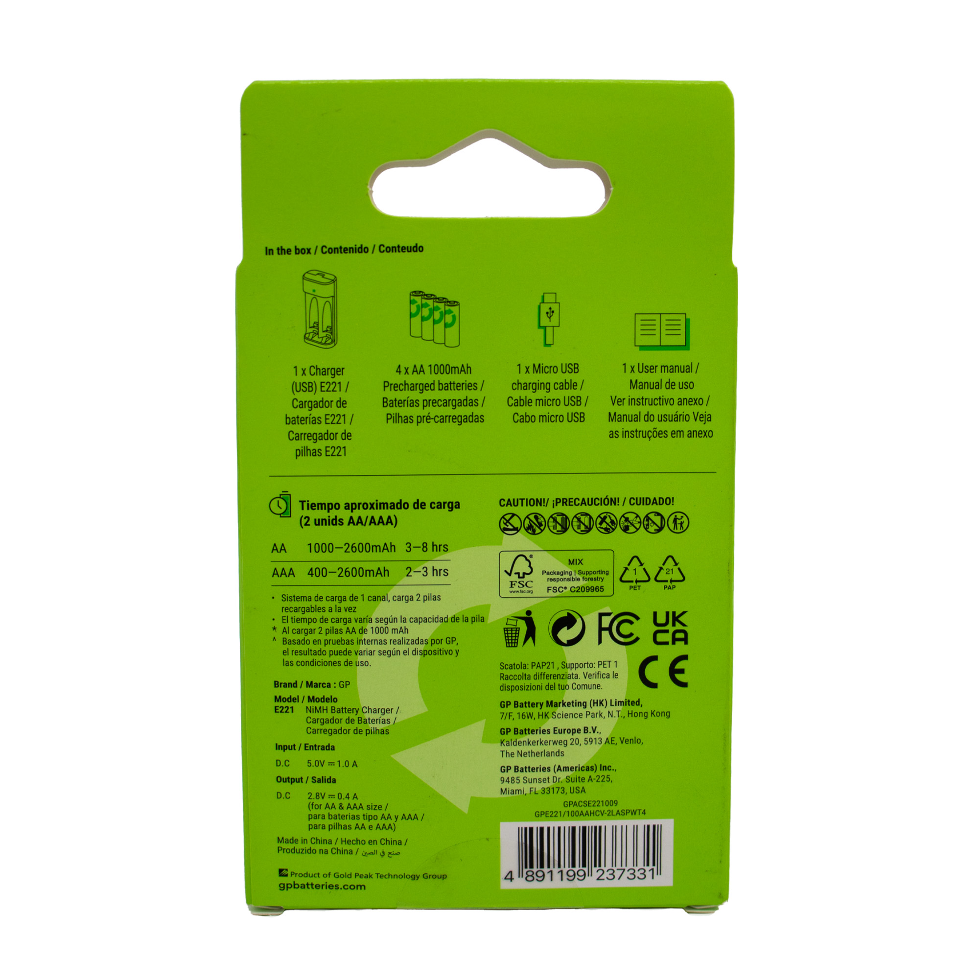 Cargador de pilas 211 con 4 pilas AA 1000 mah