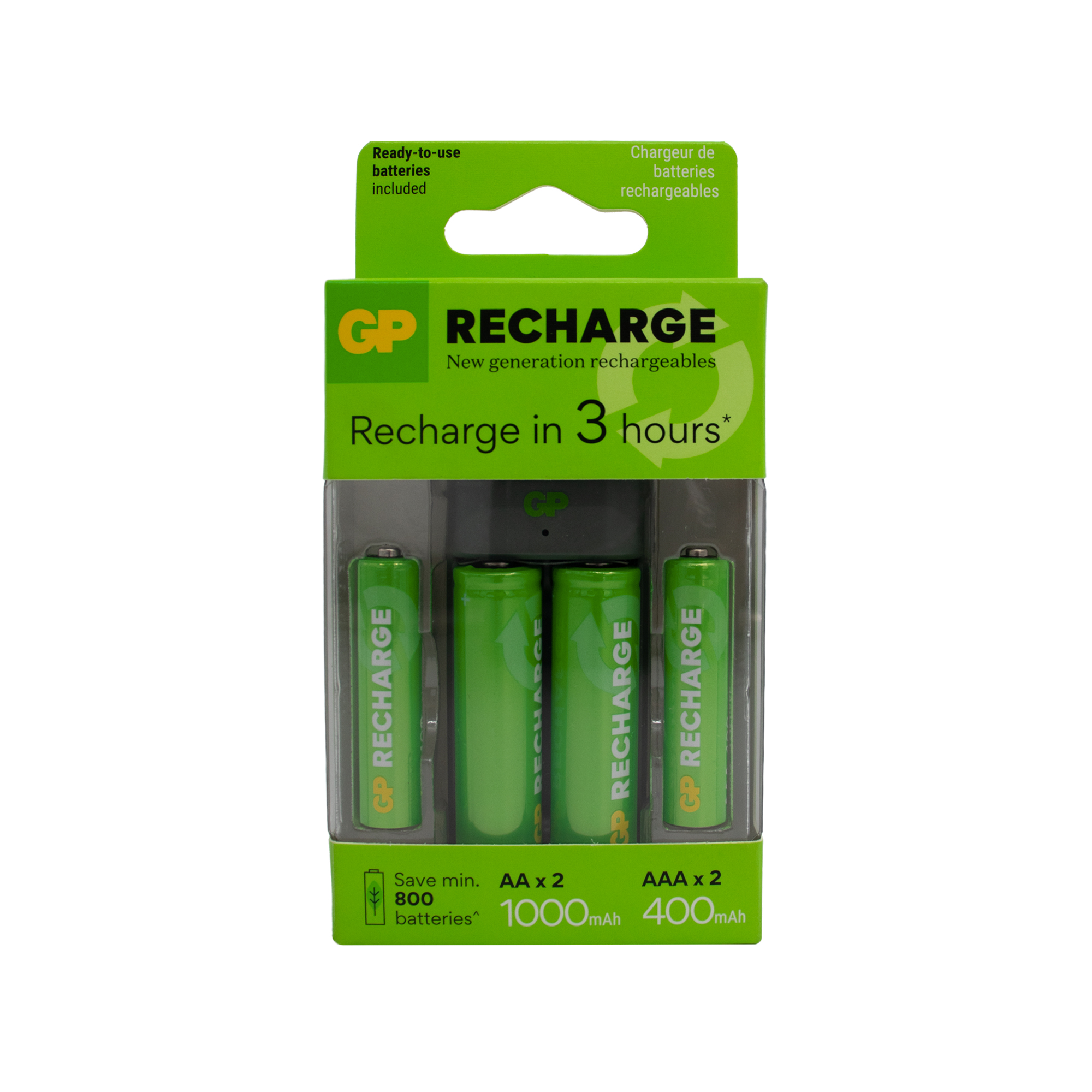 Cargador de pilas recargables AA y AAA con baterías incluidas