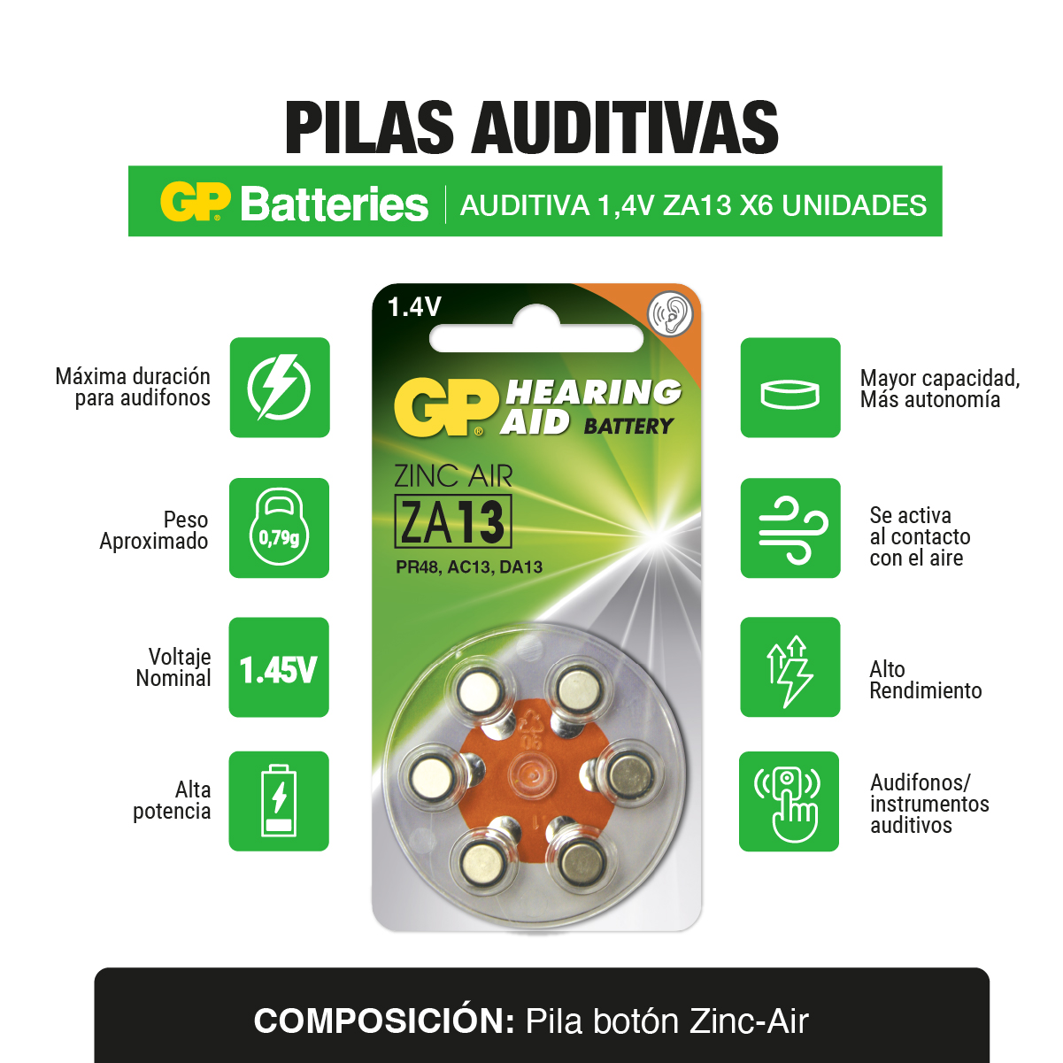 Pila bateria auditiva 1,4V ZA13 x6 und