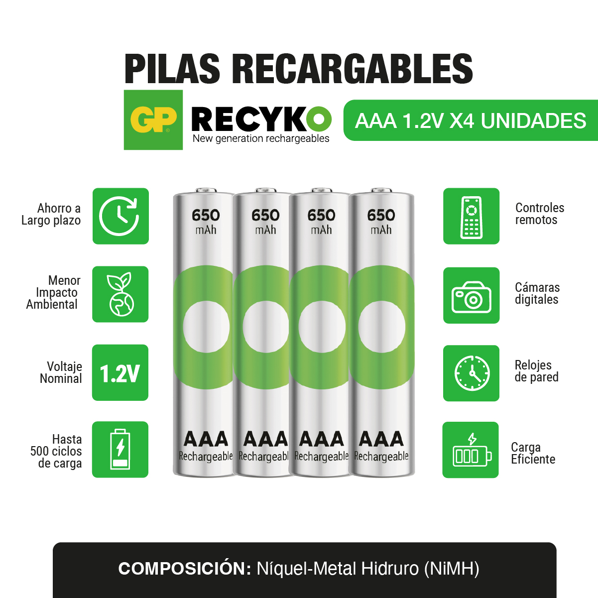 Pila bateria recarcable 650 AAA 1,2V x4 und