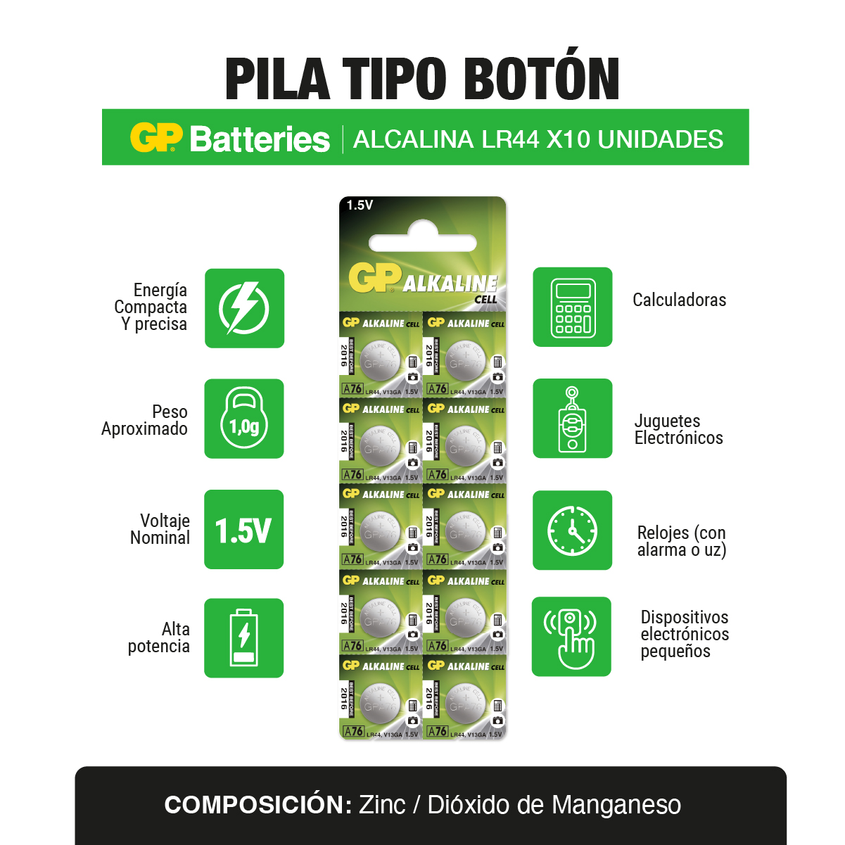 Pila bateria alcalina Tipo Botón LR44 x10 und
