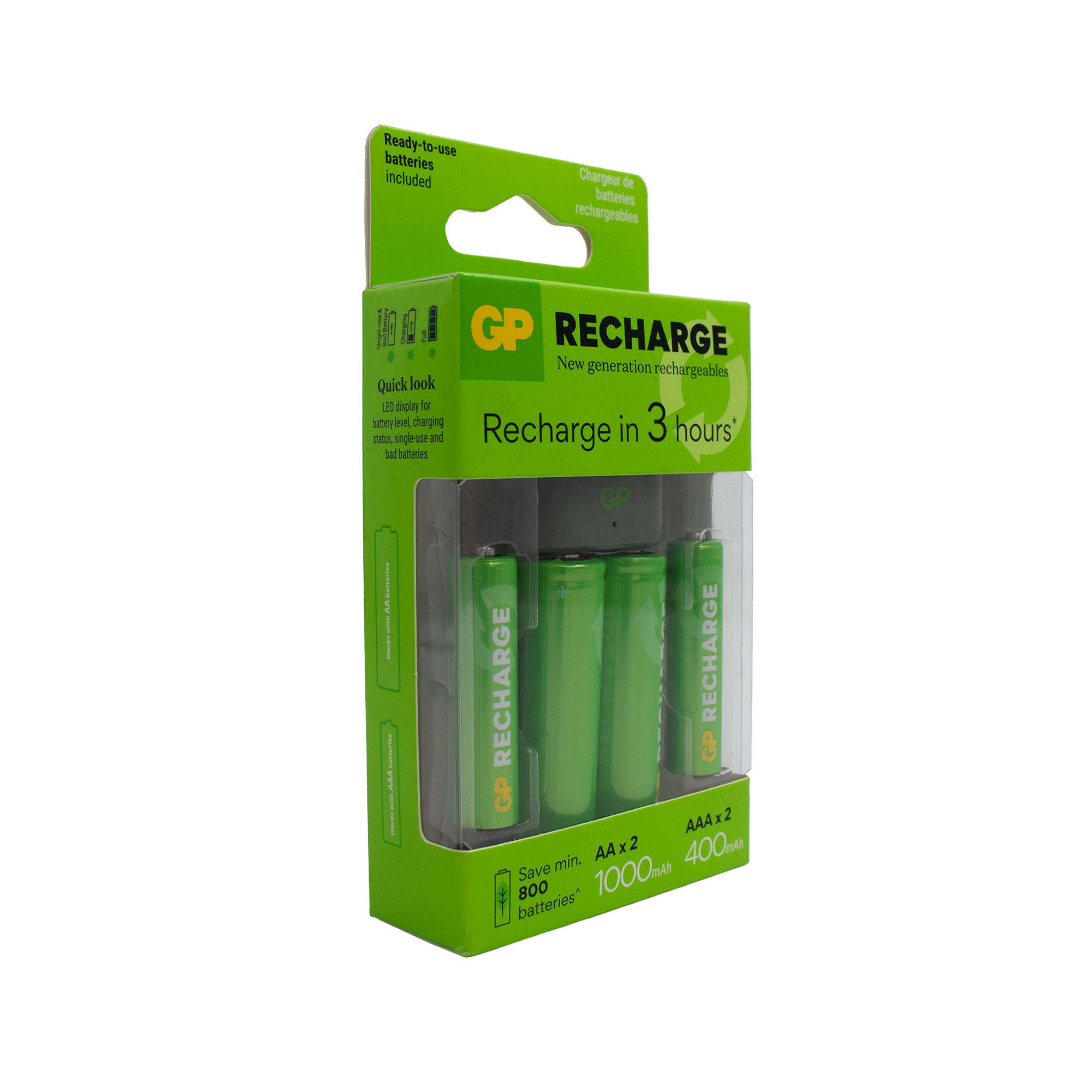 Cargador de pilas recargables AA y AAA con baterías incluidas