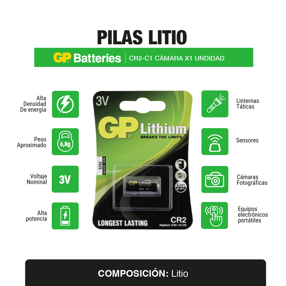 Pila Lithium para cámara (CR2)