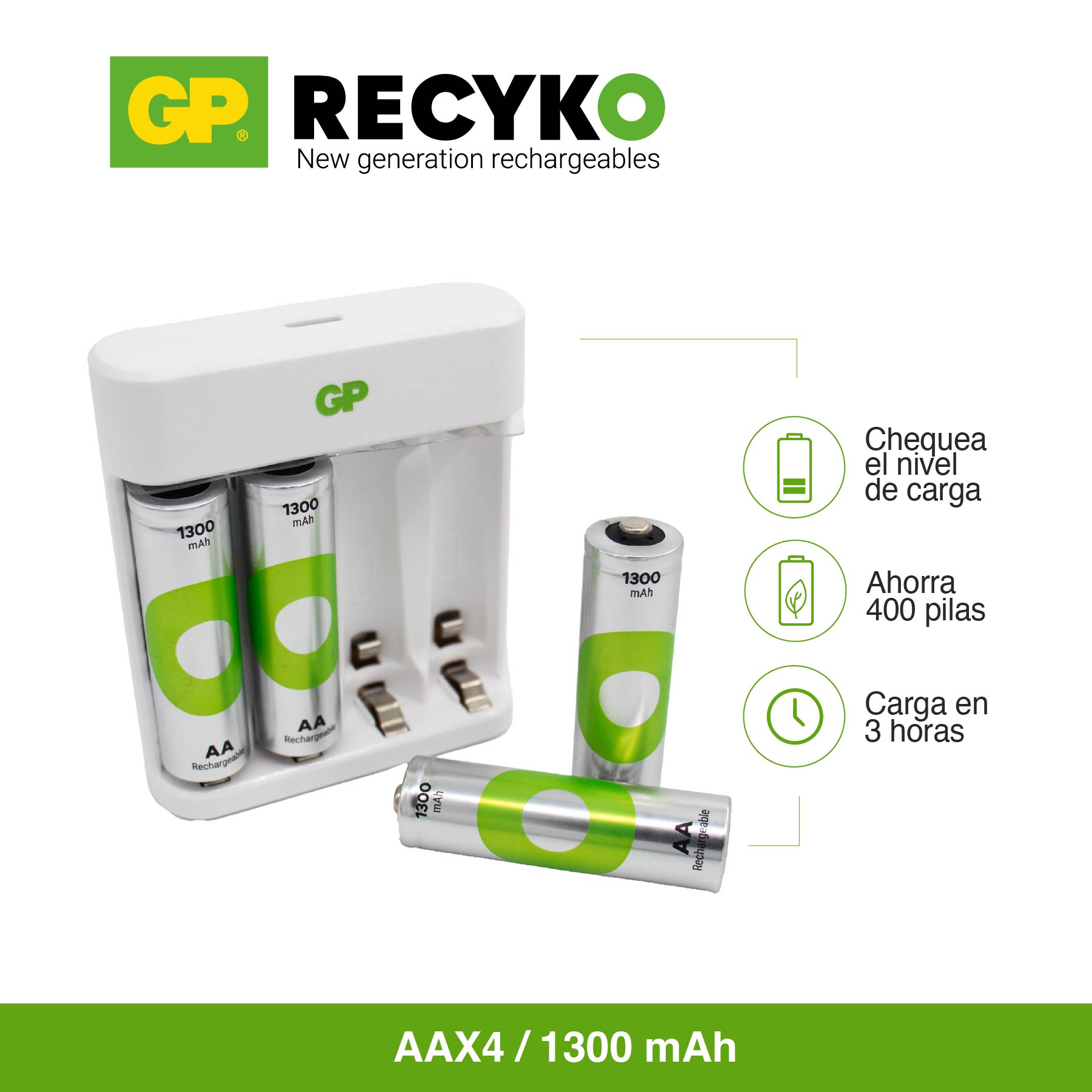 Cargador de pilas con 4 pilas AA 1300 mah