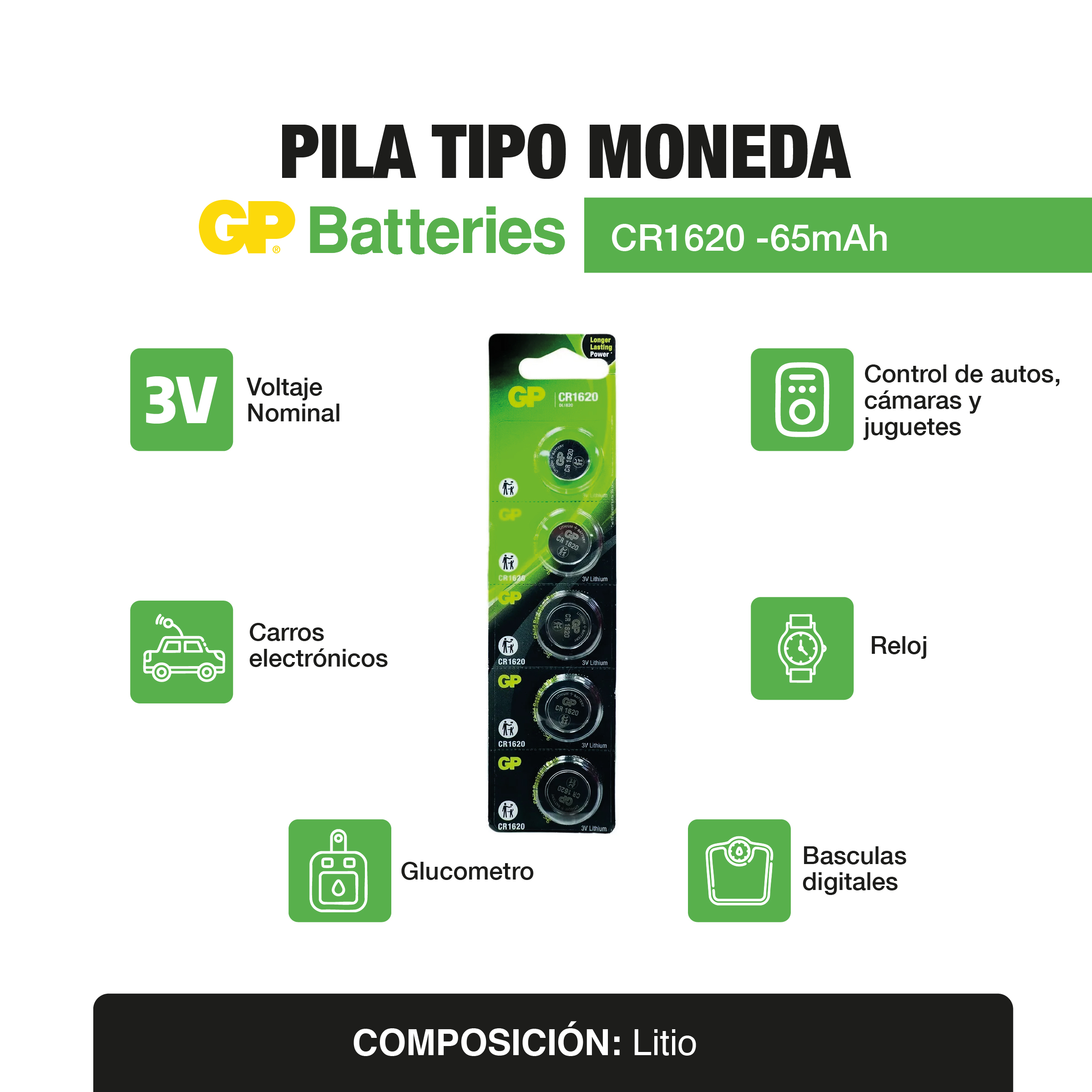 Pila Tipo moneda CR1620 x5 und