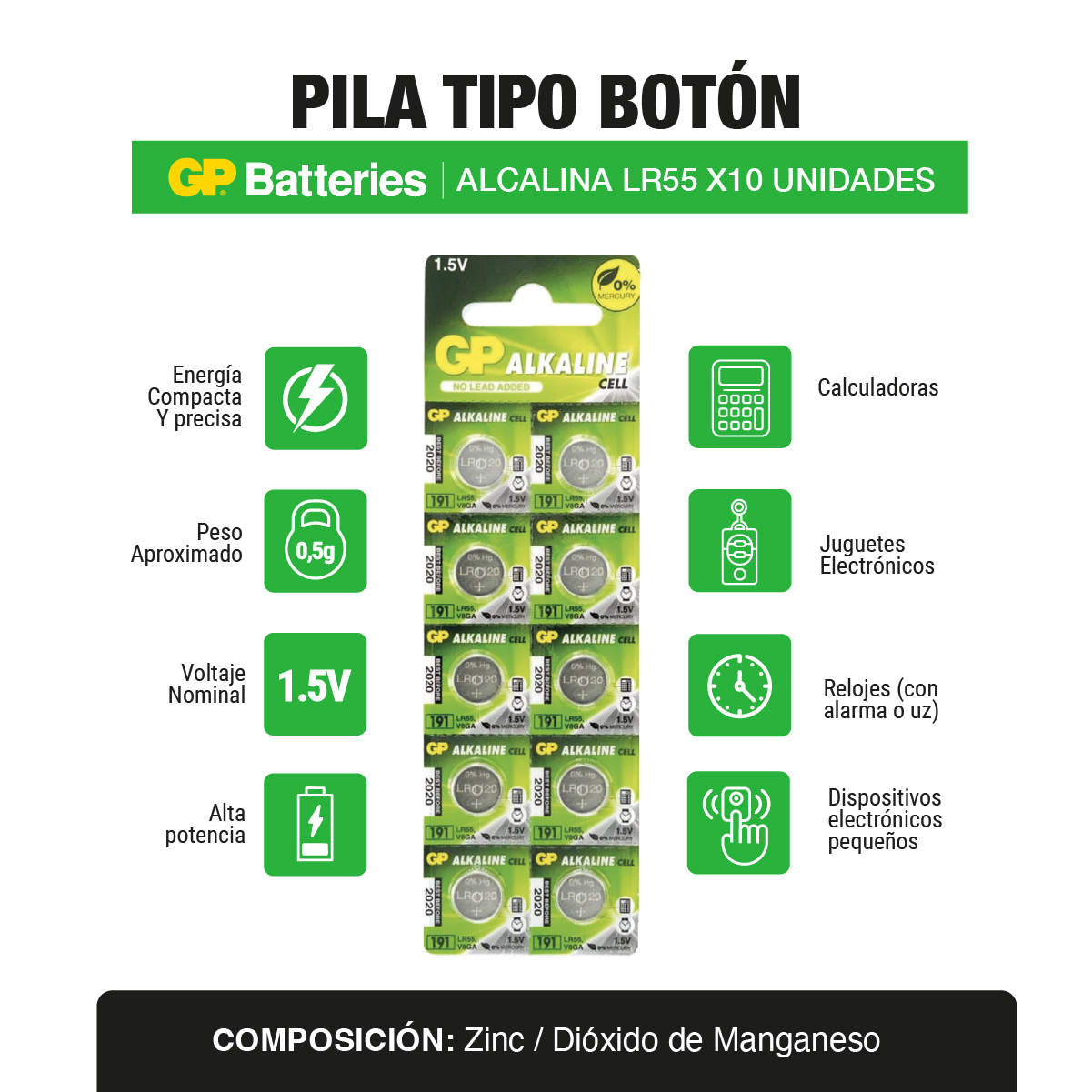 Pila bateria alcalina Tipo Botón LR55 x10 und