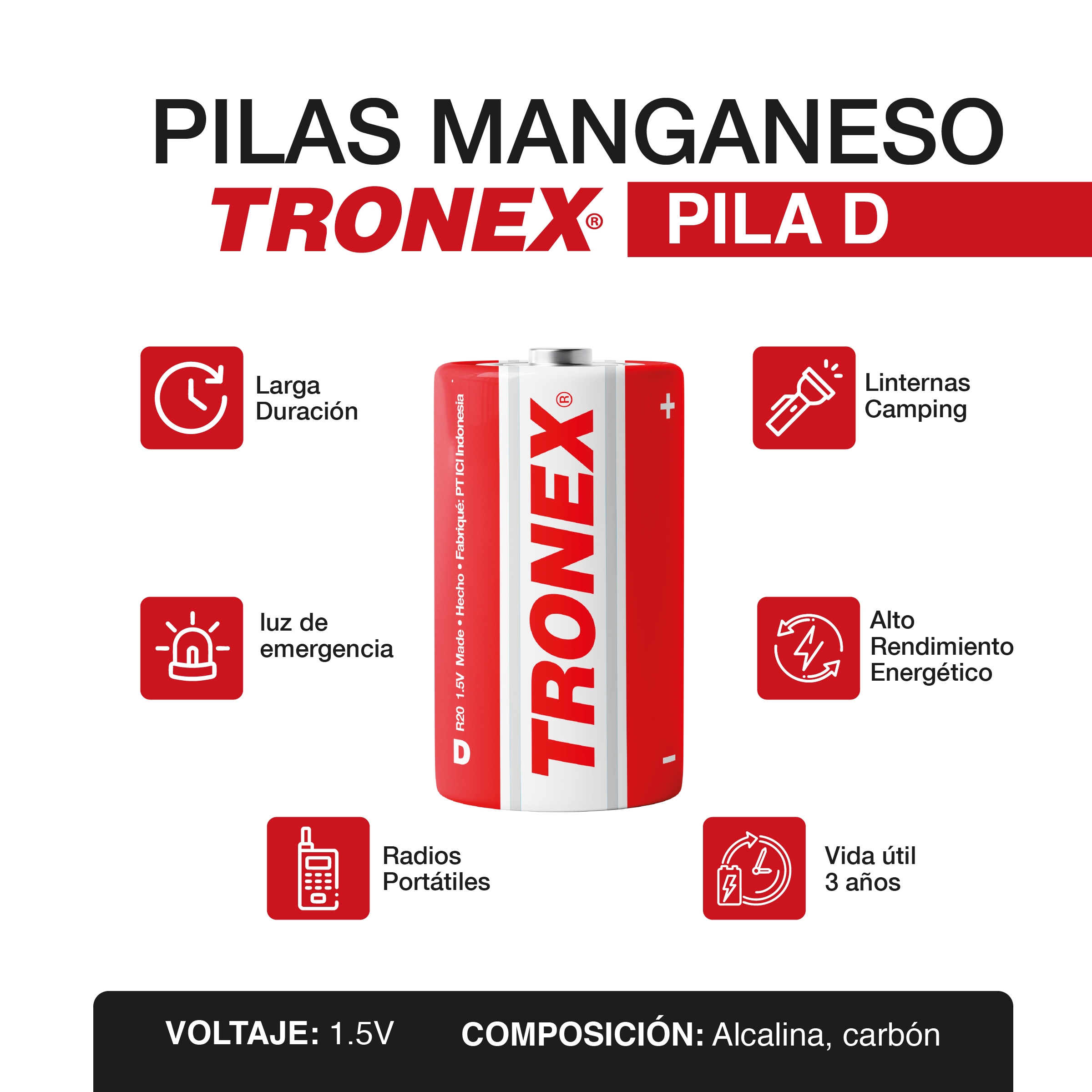 Pila bateria manganeso Tipo D bulk x12 und