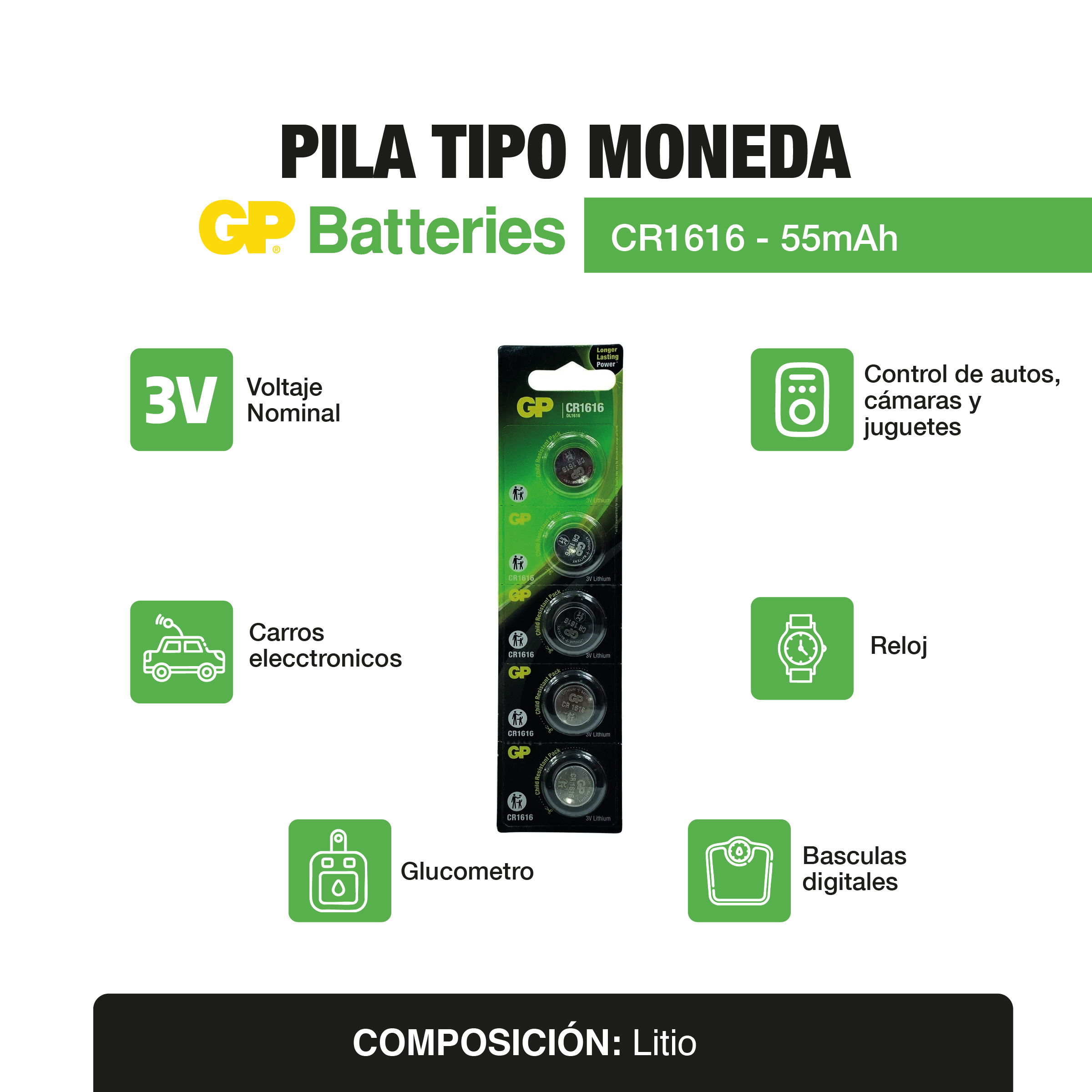 Pila Tipo moneda CR1616 x5 und