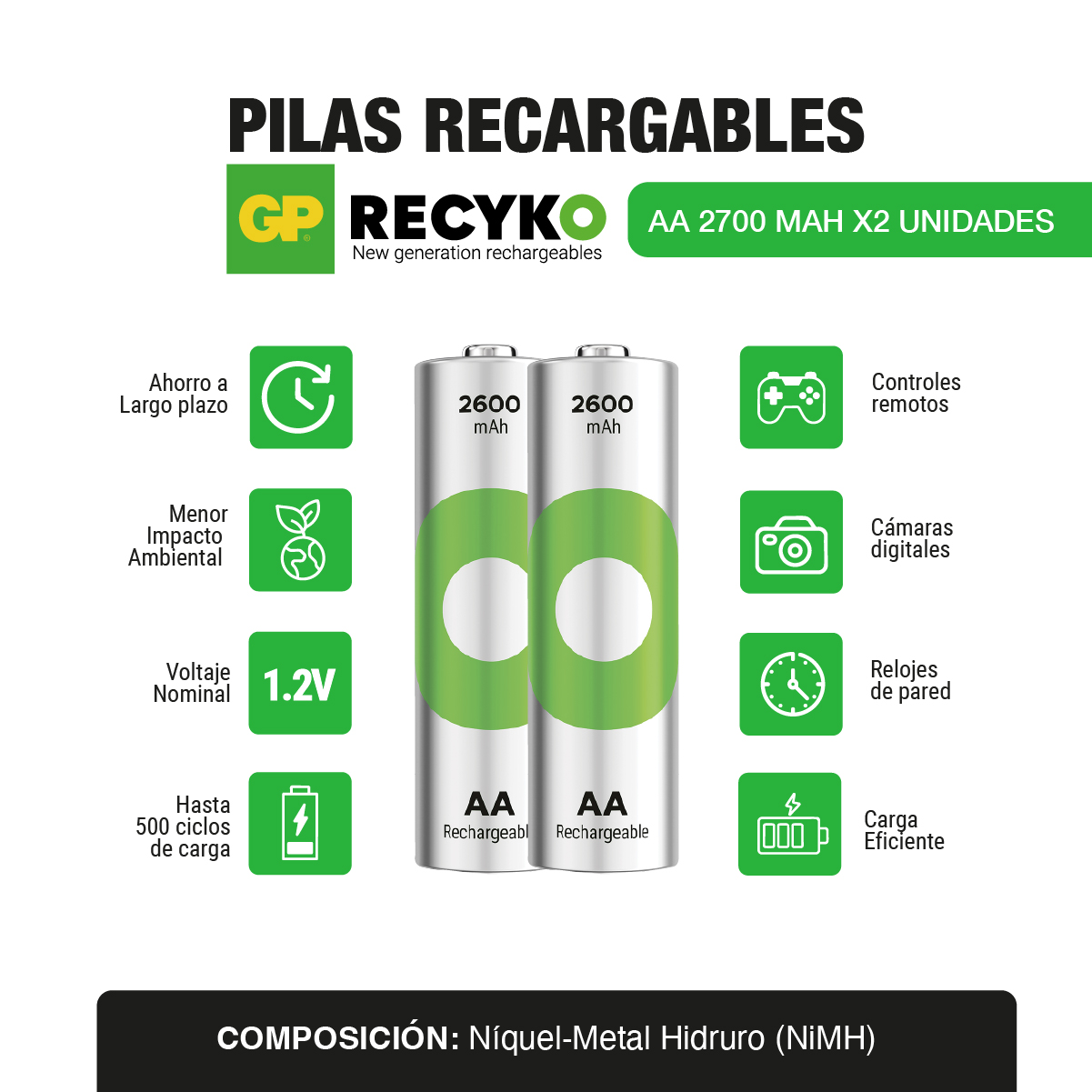 Pila  baeria recargable AA 2700 mah x2 und