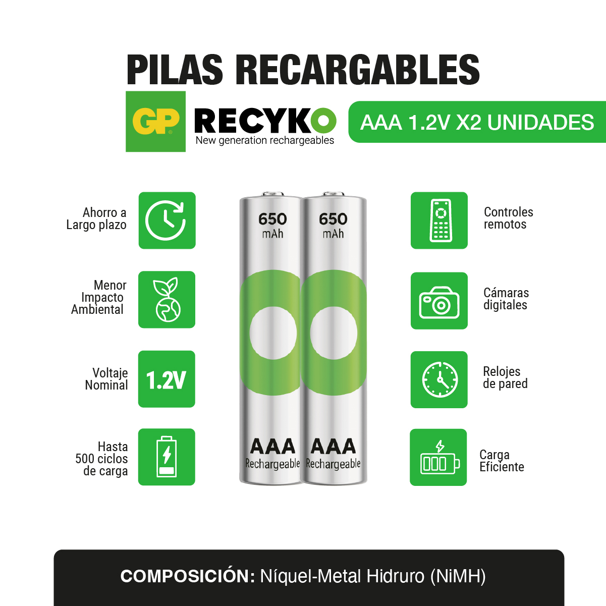 Pila bateria recargable AAA 1.2V x2 und