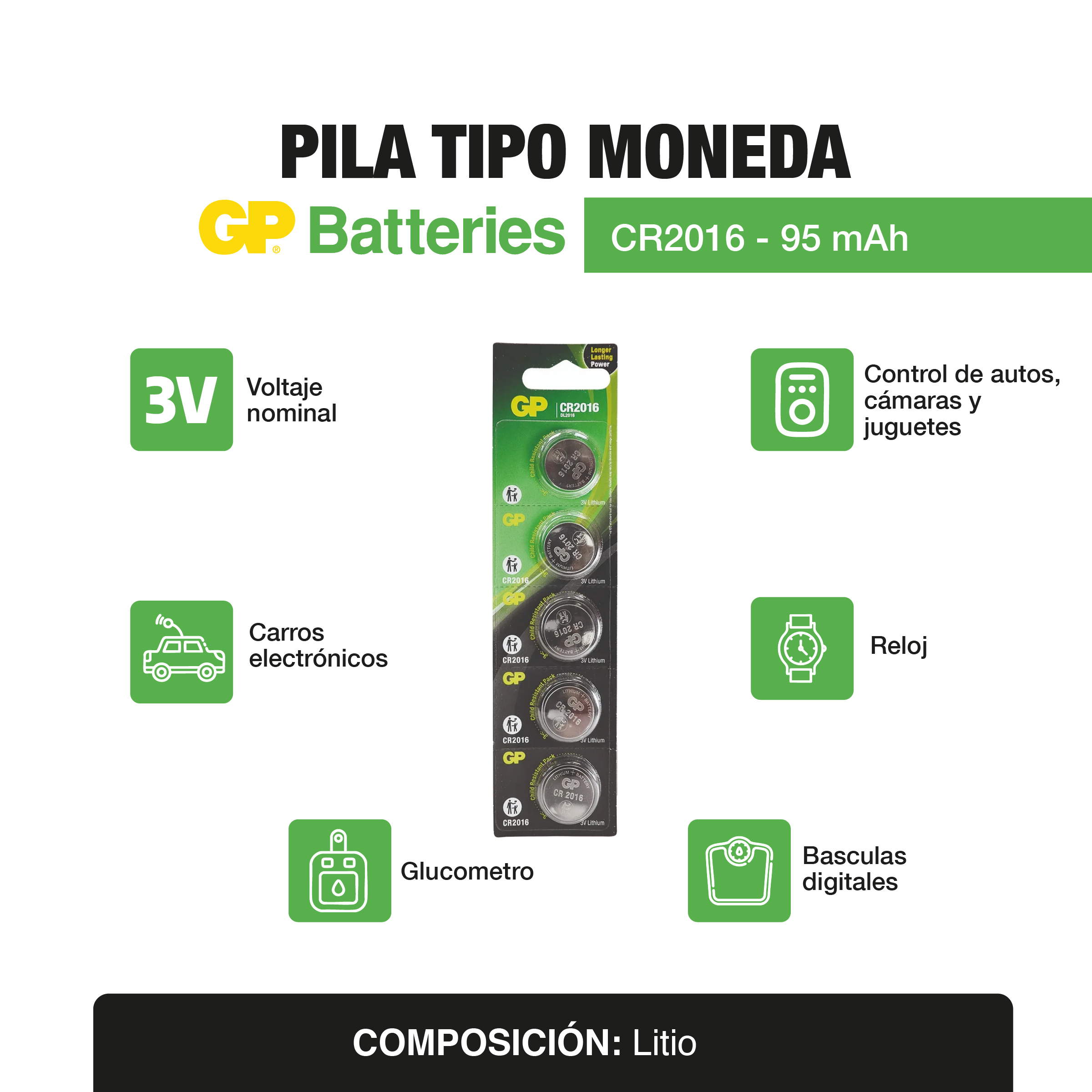 Pila Tipo moneda CR2016 x5 und