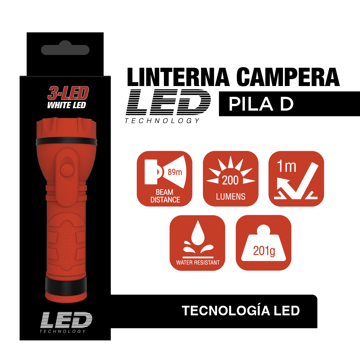 Linterna de caucho Rojo (pilas D x2)