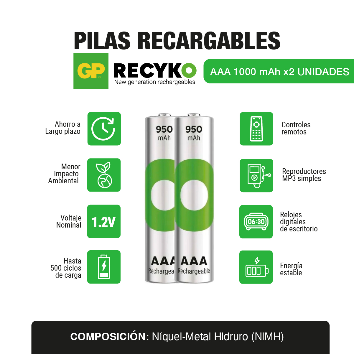 Pila recargable AAA 1000 mah  x2 und