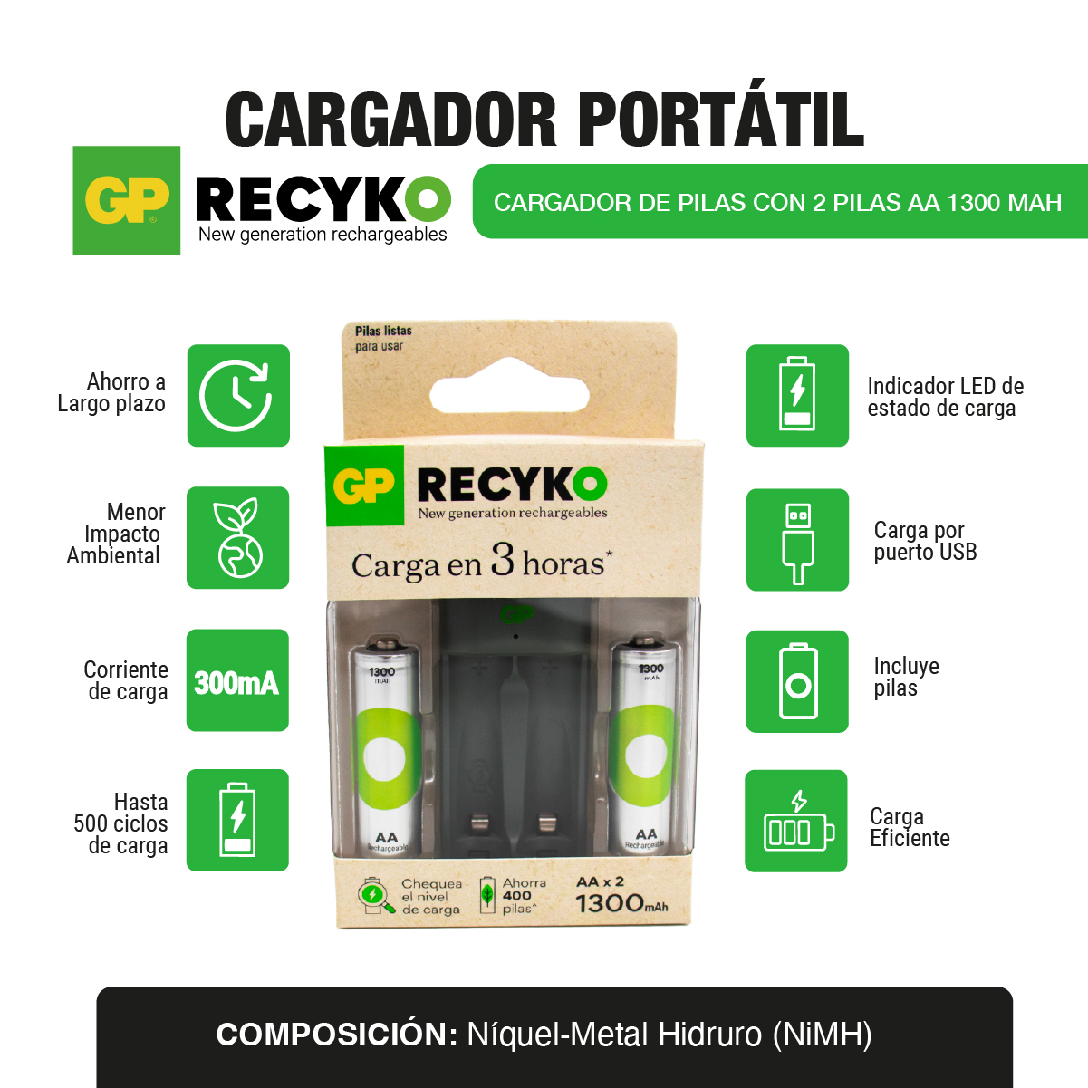 Cargador de pilas con 2 pilas AA 1300 mah