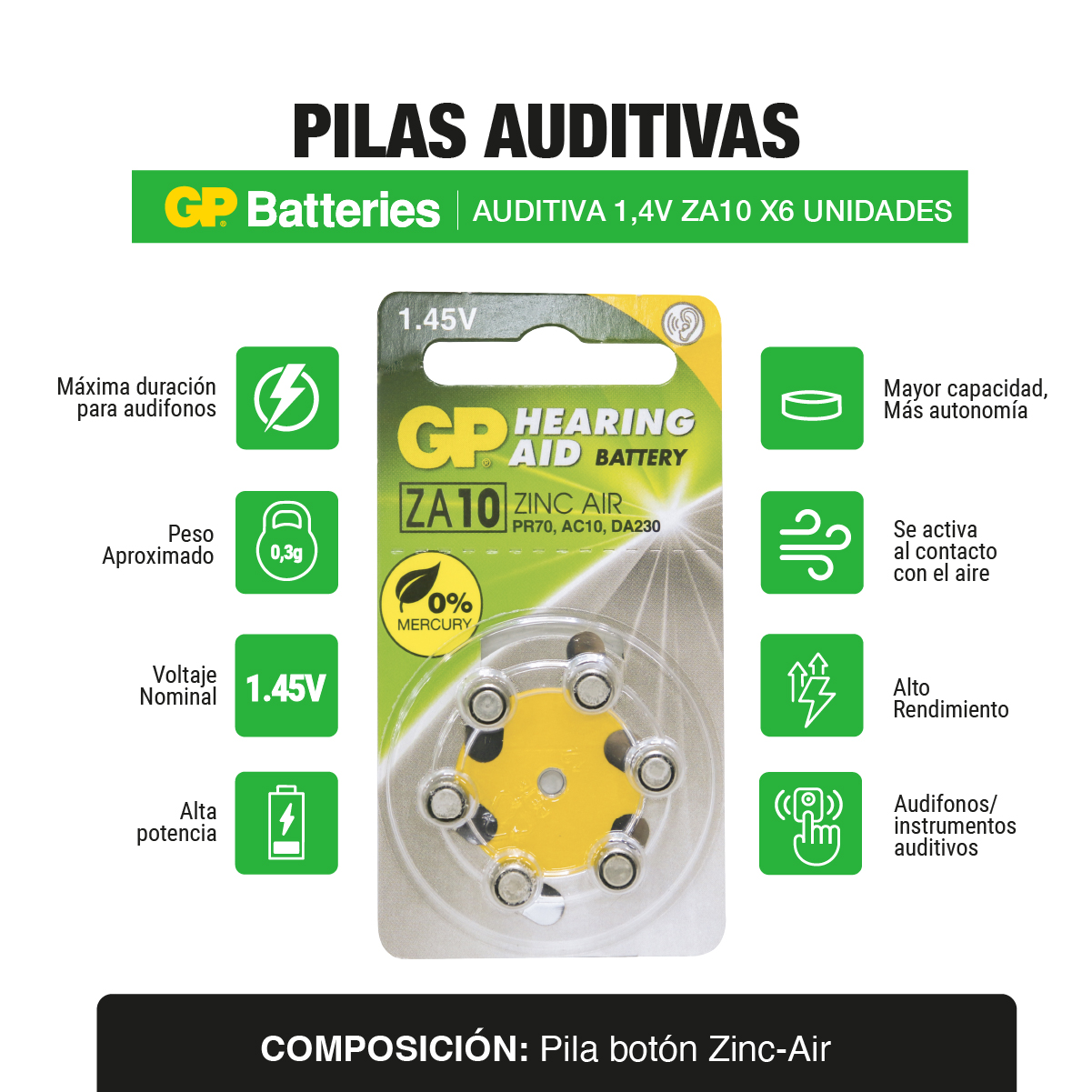 Pila bateria auditiva 1,4V ZA10 x6 und