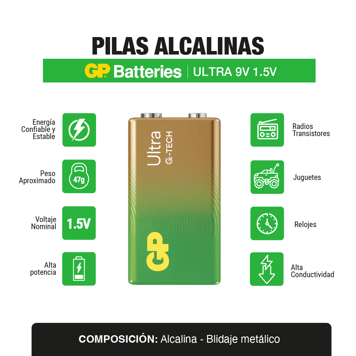 Pila bateria alcalina 9V Ultra