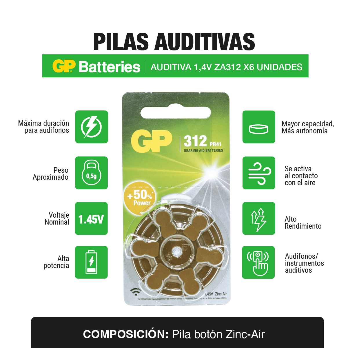 Pila bateria auditiva 1,4V ZA312 x6 und