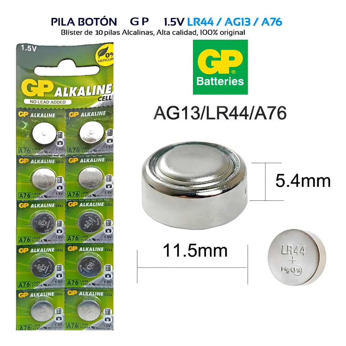 Pila bateria alcalina Tipo Botón LR44 x10 und